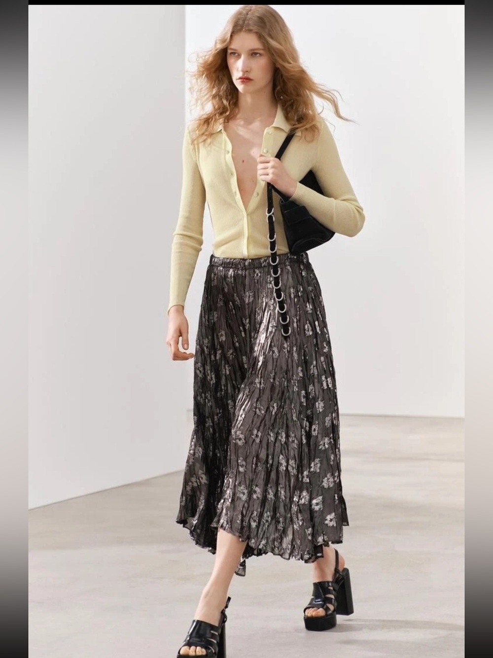 ZARA BLACK SILVER FLORAL FULL VOLUMINOUS METALLIC SEMI-SHEER MIDI SKIRT SIZE M